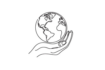 Earth on hand Continuous line drawing, Eco and earth day concept