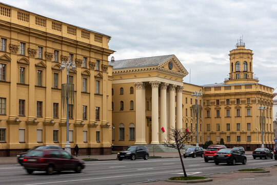 Minsk, Belarus, 04.11.21. KGB Headquarters, State Security Committee of the Republic of Belarus building in stalinist architecture and neoclassicism style.