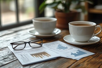 A pair of glasses rests on a stack of documents alongside two coffee cups on a table, creating a cozy and productive workspace atmosphere.