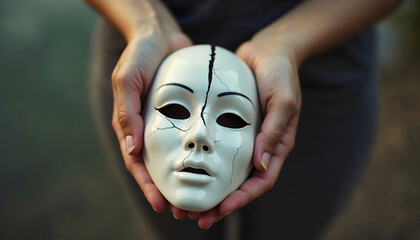 Porcelain Mask Held in Hands with Cracks, Symbolizing Fragility and Strength. Close-Up with Soft Light, Ideal for Themes of Introspection, Mystery, and Identity