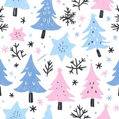 Fototapeta premium Colorful holiday-themed pattern featuring trees and stars on a white background.