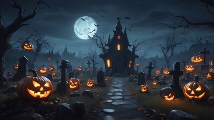 A spooky Halloween scene with a haunted church, jack-o'-lanterns, and a graveyard under a full moon.