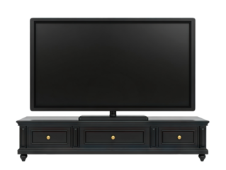 Large flat-screen TV on a modern wooden stand, isolated on transparent cutout background