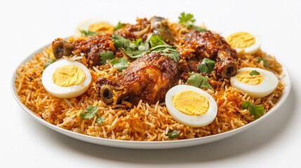 Fototapeta premium Biryani Spread, A fragrant serving of biryani with golden rice, spiced chicken, hard-boiled eggs