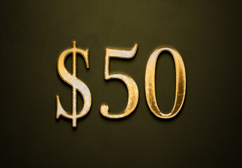 Old gold effect of 50 dollars with 3D glossy style Mockup.