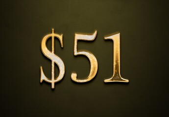 Old gold effect of 51 dollars with 3D glossy style Mockup.