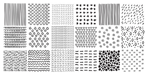 Fototapeta premium Square patterns set. Hand drawn doodle style patterns. Hatched squares abstract drawing technic, geometric shapes strokes