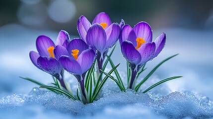 Beautiful crocuses emerging through layer of melting snow their vibrant purple petals signaling the arrival of spring A fresh spring scene with space for text perfect for seasonal greetings