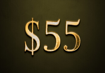 Old gold effect of 55 dollars with 3D glossy style Mockup.