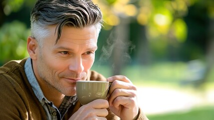 Middle-aged man with slight tremor holding cup of coffee on park bench, symbolizing struggle with Parkinson's disease, calm natural setting.