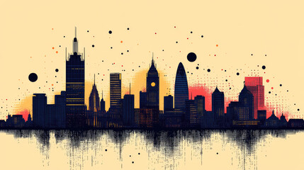 Stylized sunset illustration of London with Big Ben