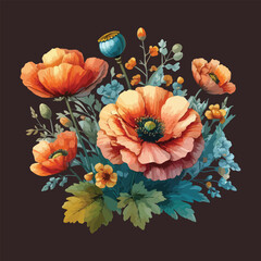 Watercolor Poppy Flowers Bouquet – Orange  Floral Vector