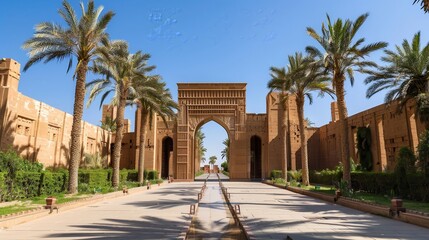 Obraz premium Ancient Egyptian Gate & Palm Trees, Luxor, Egypt