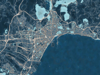 Painterly Style City Map of Malaga, Spain in a Blue Color Scheme.
