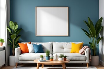 A blank photo frame on a painted wall for mockup design