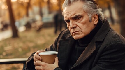 Middle-aged man with slight tremor holding cup of coffee on park bench, symbolizing struggle with Parkinson's disease, calm natural setting.