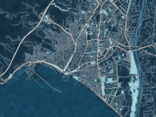 Painterly Style City Map of Almeria, Spain in a Blue Color Scheme.