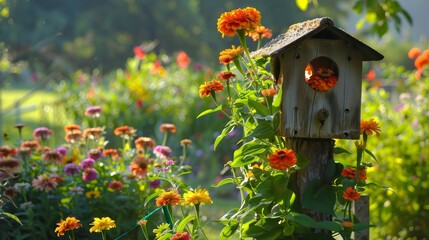 Birdhouse Nestled in a Blooming Garden