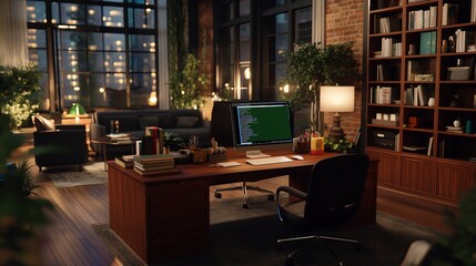 Fototapeta premium A well-lit office filled with modern furniture, where a customer service agent is deeply focused on assisting a client