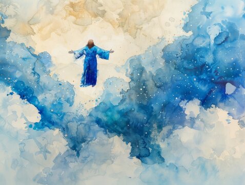 Jesus Christ ascends into the heavens, surrounded by a vibrant blue sky and billowing clouds, capturing the majesty of the moment.
