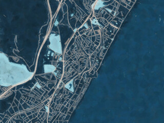 Painterly Style City Map of Torremolinos, Spain in a Blue Color Scheme.