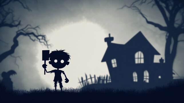 Cute Zombie Character with Sign in Front of Haunted House Silhouette