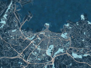 Painterly Style City Map of Gijon, Spain in a Blue Color Scheme.