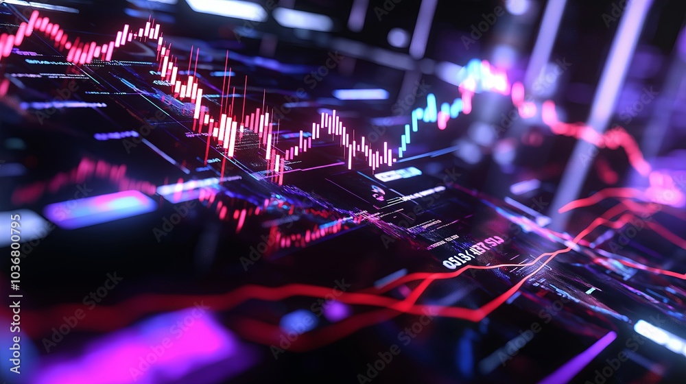 Poster An abstract interpretation of market volatility using fluid shapes and glowing lights
