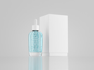 Water drop shape serum bottles and paper box mockup, flat oval dropper bottles standing on clean background, 3d render pack shot of 50 ml liquid pipette dropper cosmetic packaging and rectangular box