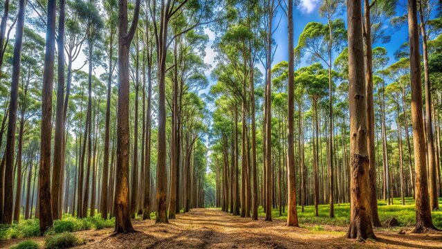 Panorama of eucalyptus forest with karri trees leading lines