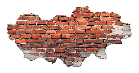 Cracked red brick wall fragment, isolated on transparent cutout background
