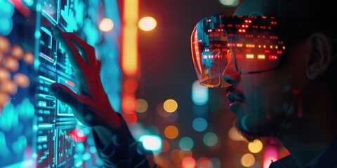 Business professional analyzing data and charts in a nighttime office setting using virtual reality technology and digital holograms