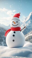 Fototapeta premium A cheerful snowman wearing a red scarf and hat stands in a snowy landscape, surrounded by majestic mountains and a clear blue sky.