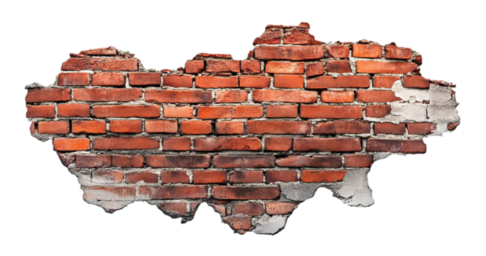 Cracked red brick wall fragment, isolated on transparent cutout background