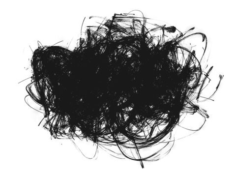 Chaotic black scribbles texture, isolated on transparent cutout background