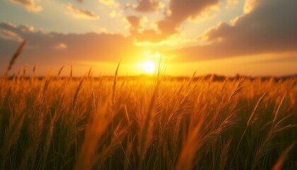Fototapeta premium A breathtaking view of the sun setting over a vast golden wheat field, creating a serene and warm atmosphere.