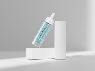  Slim cosmetic dropper bottle and paper box mockup, tall cylindrical facial serum container mockup, essential oils packaging, dermatology product image of pipettes dropper bottle mockup