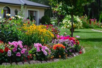 garden, flowers, flower, house, summer, nature, plant, architecture, spring, home, landscaping, bloom, gardening, tree, plants, grass, red, landscape, pink, colorful, yard, flora, outdoors, park, buil