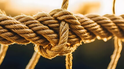 Complex web of interconnected ropes symbolizing intricate business relationships and antitrust challenges, with a focused foreground rope representing the effort to break monopolies.