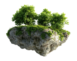 Floating island with lush green trees and rocks, isolated on transparent cutout background