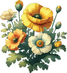 Fototapeta premium white and Yellow Poppy Bouquet – Watercolor Vector Art