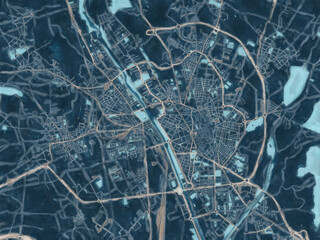 Painterly Style City Map of Leon, Spain in a Blue Color Scheme.