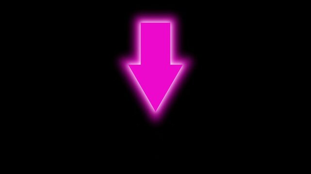 Pink neon arrow pointing down animation on a black background suitable for representing decrease, negative trends, financial losses in presentations, websites, or social media posts