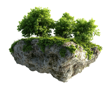 Floating island with lush green trees and rocks, isolated on transparent cutout background