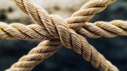 Complex web of interconnected ropes symbolizing intricate business relationships and antitrust challenges, with a focused foreground rope representing the effort to break monopolies.