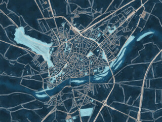 Painterly Style City Map of Zamora, Spain in a Blue Color Scheme.