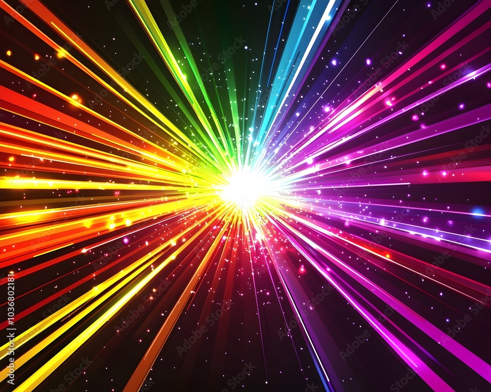 Poster neon background with bursting rays and colorful streaks creating a dynamic explosive effect