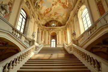 Fototapeta premium Grand Staircase in a Historic Palace with Ornate Ceiling