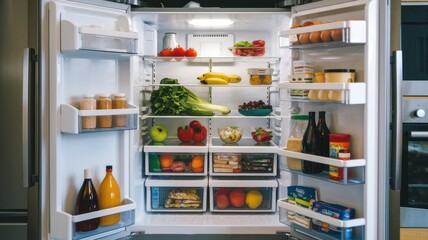 Organized refrigerator filled with fresh fruits, vegetables, and beverages.