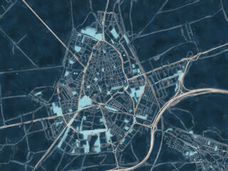 Painterly Style City Map of Ciudad Real, Spain in a Blue Color Scheme.